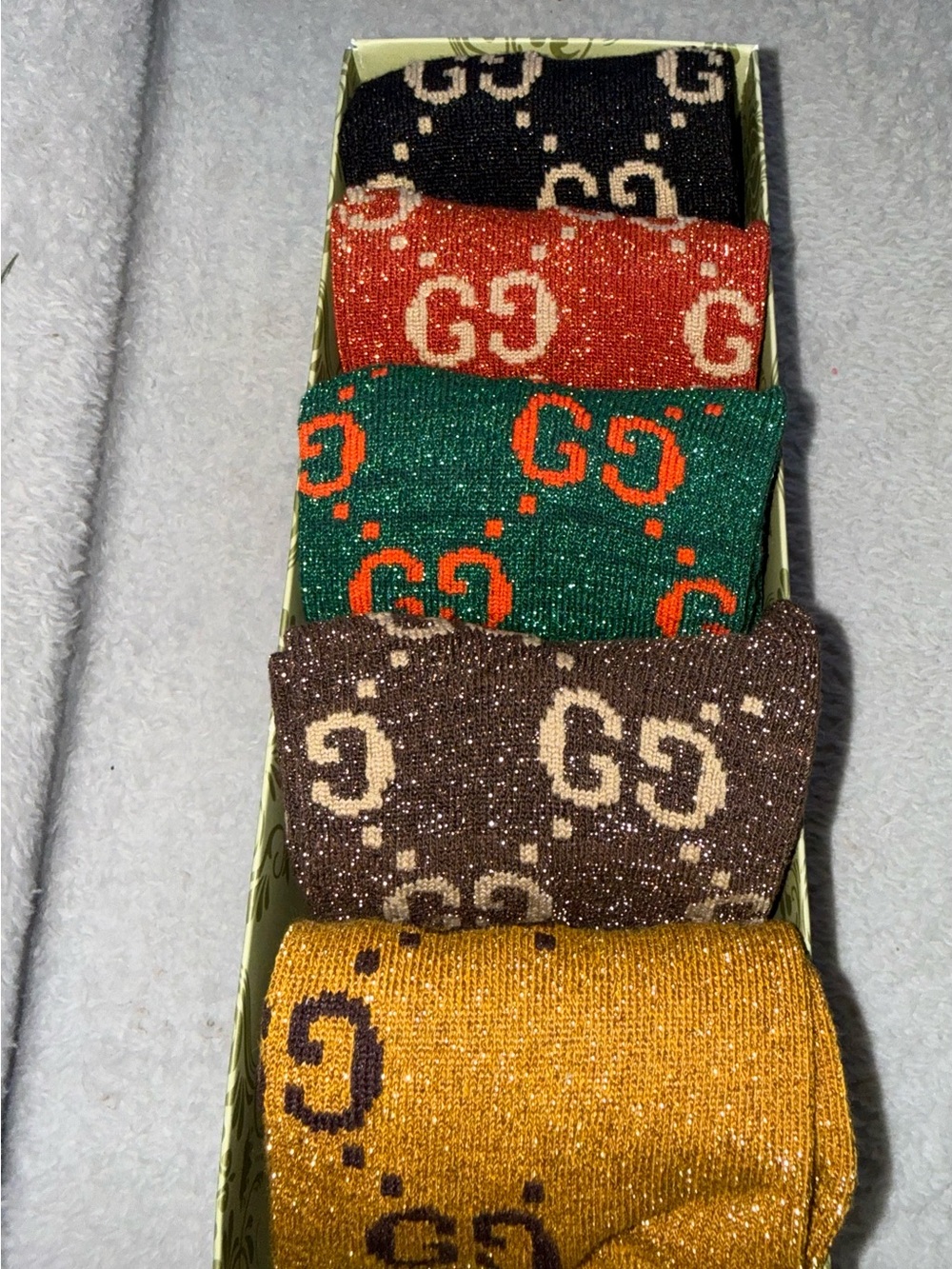 Gucci Glitter Logo Sock Set in Black, Red, Green, Brown, Mustard